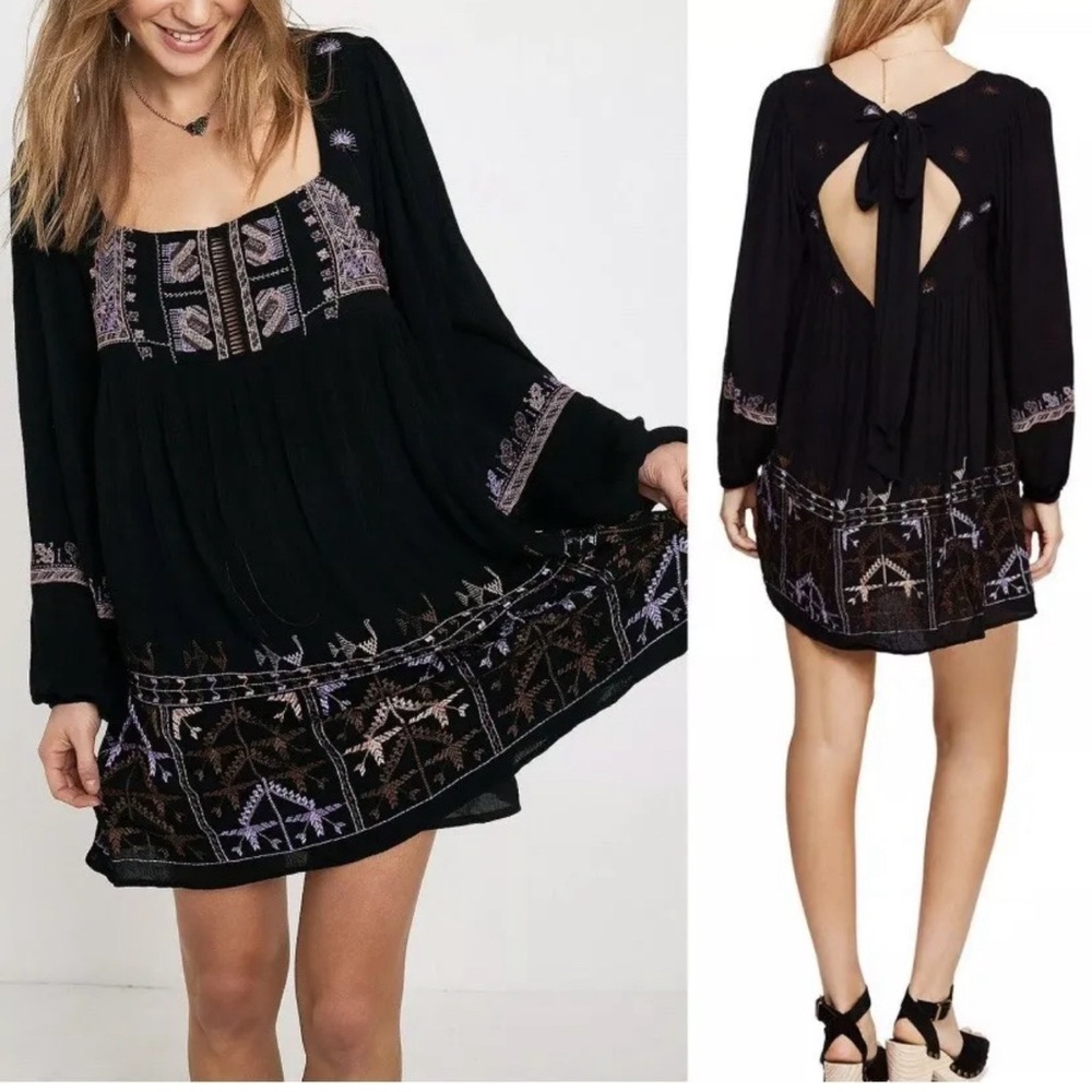 NWT Free People Rhiannon Black Embroidered Tunic Mini Backless Dress Purple Pink